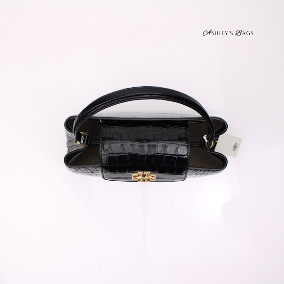 Tory Burch Britten Croc Embossed Small Satchel Crossbody In Black - Picture 8 of 12